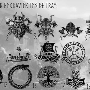 May include: Black and white illustrations of Viking-themed designs, including a warrior, a ship, a tree, and various symbols. The numbers 1 through 15 are listed below each image.