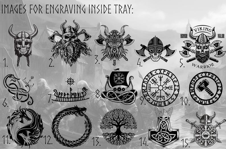 May include: Black and white illustrations of Viking-themed designs, including a warrior, a ship, a tree, and various symbols. The numbers 1 through 15 are listed below each image.