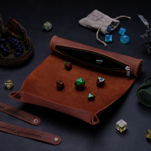 Personalized dice rolling tray and storage, leather rolling mat with detachable straps, Dungeons and Dragons Gift