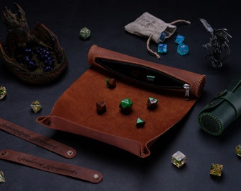 Personalized dice rolling tray and storage, leather rolling mat with detachable straps, Dungeons and Dragons Gift