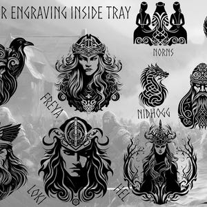 May include: Black and white illustrations of Norse mythology figures, including Odin, Thor, Freya, Loki, Heimdal, Ymir, Nidhogg, Hel, and the Norns. The images are labeled with their names and are suitable for engraving.