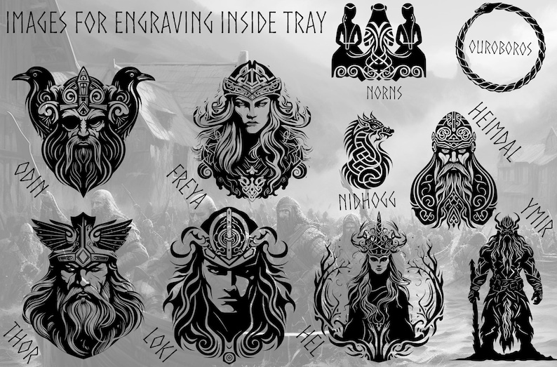 May include: Black and white illustrations of Norse mythology figures, including Odin, Thor, Freya, Loki, Heimdal, Ymir, Nidhogg, Hel, and the Norns. The images are labeled with their names and are suitable for engraving.