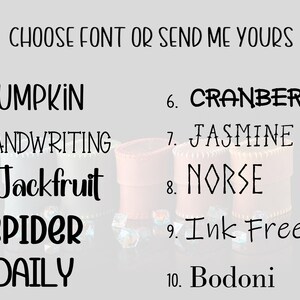 May include: A font selection chart with the heading CHOOSE FONT OR SEND ME YOURS. The list includes ten numbered options: 1. PUMPKIN, 2. HANDWRITING, 3. Jackfruit, 4. SPIDER, 5. DAILY, 6. CRANBERRY, 7. JASMINE, 8. NORSE, 9. Ink Free, and 10. Bodoni.