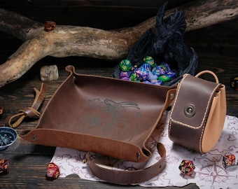 Dice set dnd, Dnd gift, Set of Dice Tray and Bag, Custom Leather Dice Bag and Tray, DnD Dice Storage