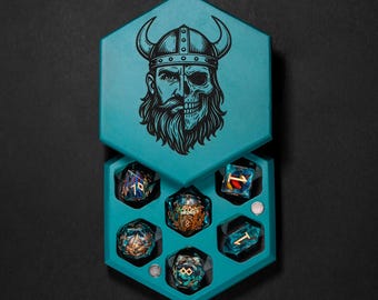 Viking Resin Dice Set: Sharp Edge DnD Dice with Norse Miniatures