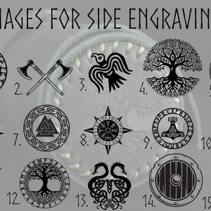 May include: A collection of 15 black and white images for side engraving. The images include a compass, axes, a raven, a tree of life, a Celtic cross, a sun, a Valknut, a compass rose, Thor's hammer, Mjolnir, a sun with a crescent moon, a tree of life with runes, a dragon, a shield, and a snake.