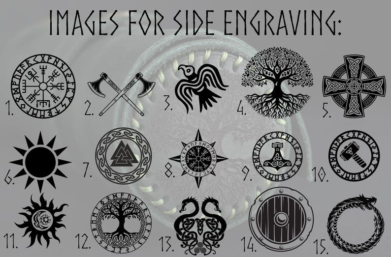 May include: A collection of 15 black and white images for side engraving. The images include a compass, axes, a raven, a tree of life, a Celtic cross, a sun, a Valknut, a compass rose, Thor's hammer, Mjolnir, a sun with a crescent moon, a tree of life with runes, a dragon, a shield, and a snake.
