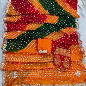 New Designer Beautiful Multicolor and Single Bandhej Silk Saree with Handwork Gotta Patti Work with Blouse Partywear and Wedding Saree