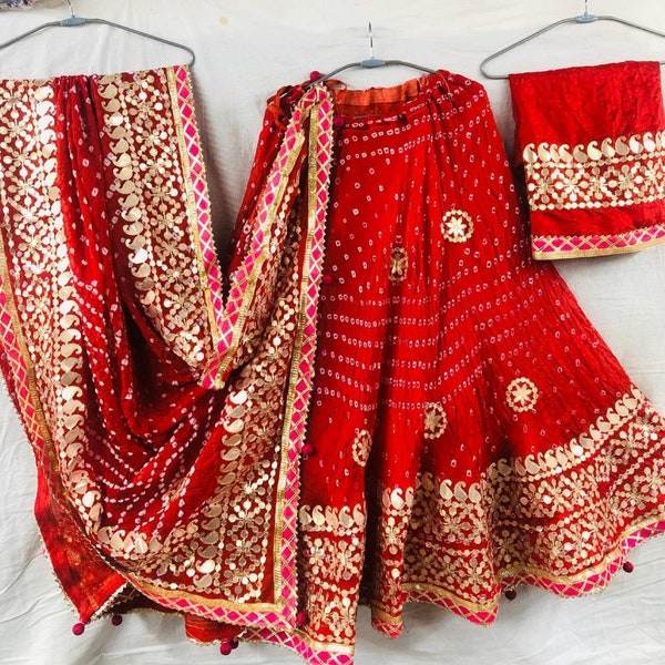 Indian Rajasthani Designer Bandhej Art Silk chaniya Choli with Heavy Aari Work Gota Patti Lace Bhandhej lehenga Choli