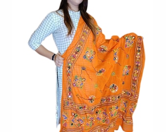 Handmade Phulkari Cotton Dupatta: Indian Embroidered Mirror Scarf
