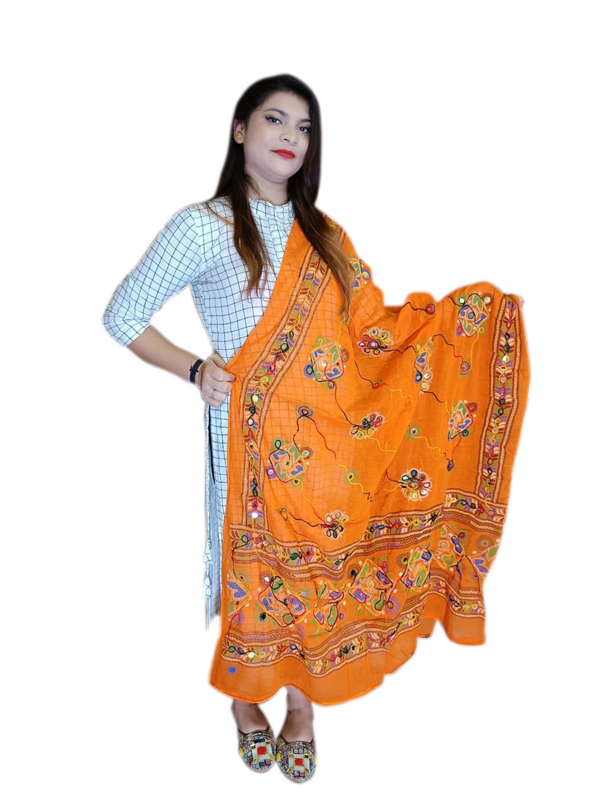 Handgefertigte Stickerei Phulkari Baumwolle Dupatta Für Frauen Indische Phulkari Dupatta Phulkari Spiegel Foli Arbeit Dupatta Indischer Schal für den Sommer