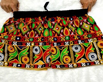 Embroidered Cotton Boho Shorts: Indian Aariwork, Mirror Detail