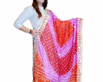 Bandhani Silk Scarf: Jaipuri Bandhej with Golden Lace