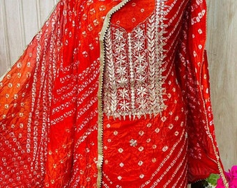 Rajasthani jaipuri bandhej Bandhani Silk Suit with Gota Work Rajasthani Women and Girls Kundan Work Partywear suits