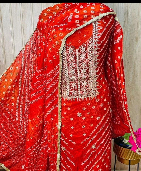 Gota Patti Suit In Skyblue And Red|Latest Bandhej Hand Gota Patti Suit  Online|Jhakhas
