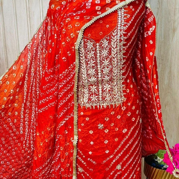 Rajasthani jaipuri bandhej Bandhani Silk Suit with Gota Work Rajasthani Women and Girls Kundan Work Partywear suits