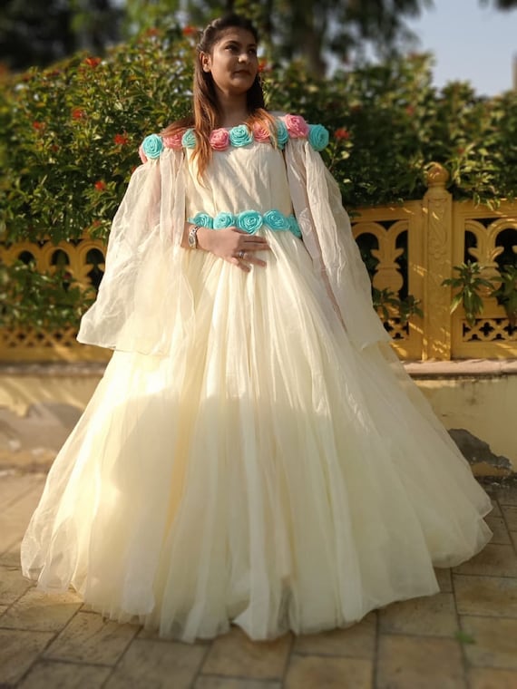 Buy Teal color Net gown style Indian wedding anarkali in UK, USA and Canada