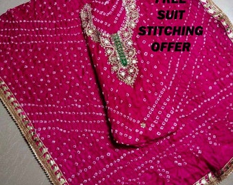 Rajasthani jaipuri bandhej art silk gotta patti work printed suit for Women handwork and handmade Party Wear suits Free Suit Stitching Offer