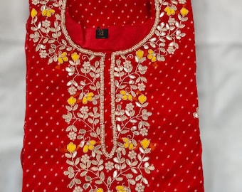 Georgette Leheriya Kurti: Hand Gotta Patti Zardoji, Bandhej Print