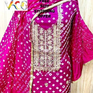 Latest Rajasthani jaipuri bandhej Bandhani Silk Suit with Gota Work For Women Kundan Work Party wear suits Free Suit Stitching Offer