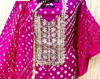 Latest Rajasthani jaipuri bandhej Bandhani Silk Suit with Gota Work For Women Kundan Work Party wear suits Free Suit Stitching Offer