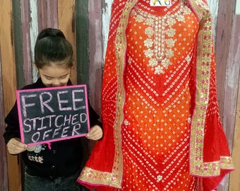 Bandhani Suit: Rajasthani Bandhej Gota Patti Work, Free Stitching