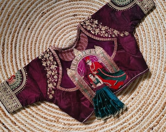 刺繍入りミラノシルクサリーブラウス:インドのウェディングレヘ 刺繍入りミラノシルクサリーブラウス:インドのウェディングレヘ