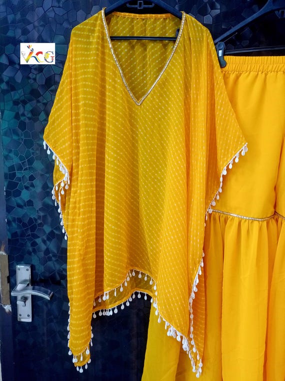 Yellow Sharara Dress: Georgette Kaftan, Indian Wedding Party Wear
