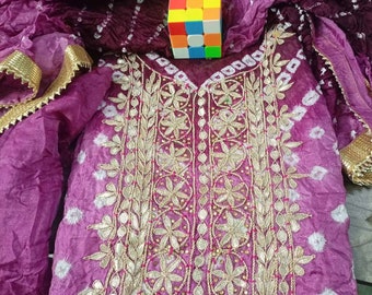 Rajasthani Jaipuri Bandhej Bandhani Silk Suit with Gota Patti Work Rajasthani Women and Girls Kundan Work Partywear Wedding Suit