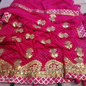 Rajasthani Traditional Georgette Modthra Leheriya Bandhej Print With Gotta Patti Work With Blouse