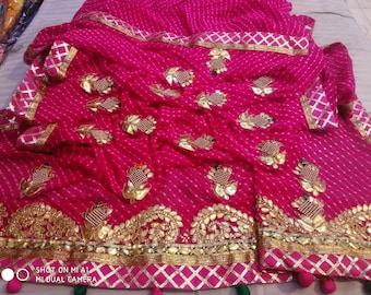 Rajasthani Traditioneller Georgette Modthra Leheriya Bandhej Druck mit Gotta Patti Arbeit mit Bluse