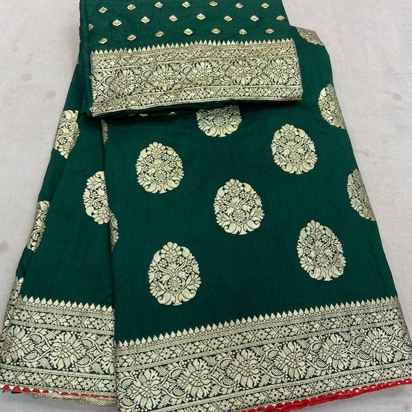 Doublure de sari en soie pure Dola pure de nouvelle marque Zari, bordure à carreaux Zari avec fleurs véritables et chemisier Banarsi épais pour mariage et sari