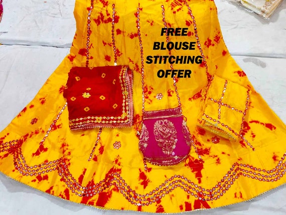Yellow Tie Dye Lehenga Choli: Mirror Work Bandhani Indian Party Wear