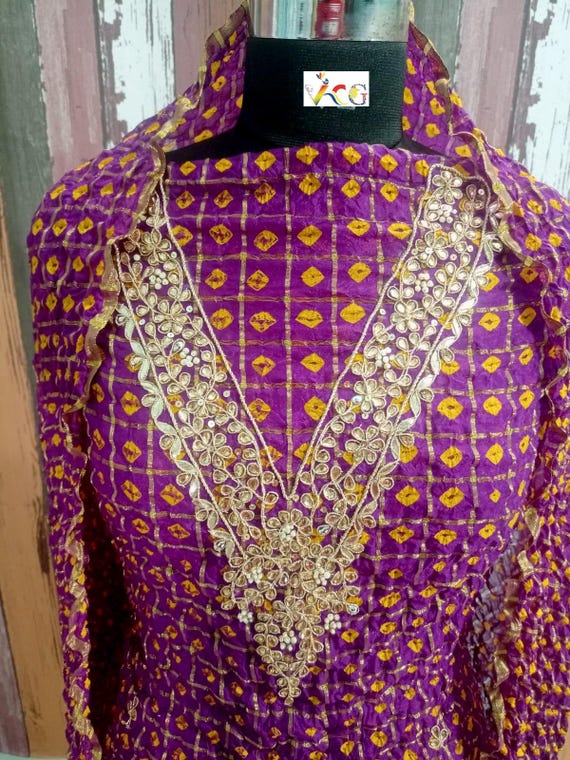 Purple Bandhani Designer Suit with Heavy Embroidered Neck & Yellow Crushed Bottom