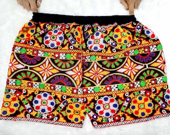 Embroidered Cotton Aariwork Shorts: Boho Hippie Beach Wear