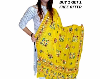 Handmade Phulkari Dupatta: Rajasthani Embroidered Cotton Scarf