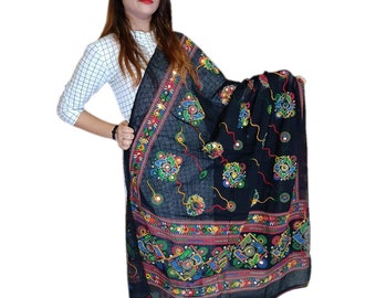 Handmade Phulkari Cotton Dupatta: Indian Embroidered Mirror Scarf