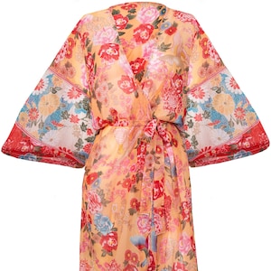 Stunning Sheer Kimono Bathrobe or Beach Cover up for Women in Lightweight Crease Free Polyester. One Size Fits UK 10-16 (Orange Red)