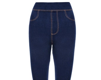 Women's Fleece Lined Leggings in Black & Blue, Incredible Fit High Waist, Very Stretchy, Look Like Jeans. One Size Fits Perfectly 10-16