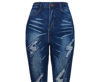 Women's Denim Print Leggings, High Waist, Fleece Lined, Black & Blue, Very Stretchy, Look Like Jeans. One Size Fits Perfectly 10-16
