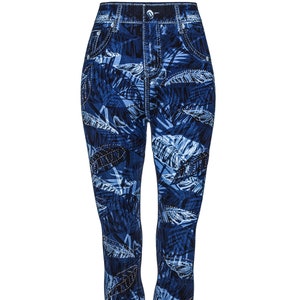 Leggings de estampado Demin para mujer, Jeggings de estiramiento de cintura alta de ajuste increíble, look de mezclilla impreso, Jeggings de leggings delgados. Una talla se adapta a 10-16