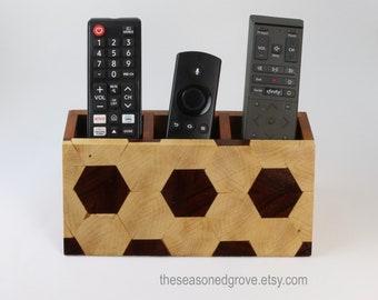 Wood TV Remote Control Holder for 3 Remotes. TV Remote Caddy. Handcrafted, Honeycomb Hexagon Pattern, Made of Assorted Hardwoods, No Stains.