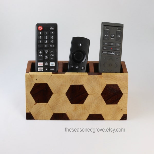 Wood TV Remote Control Holder for 3 Remotes. TV Remote Caddy. Handcrafted, Honeycomb Hexagon Pattern, Made of Assorted Hardwoods, No Stains.