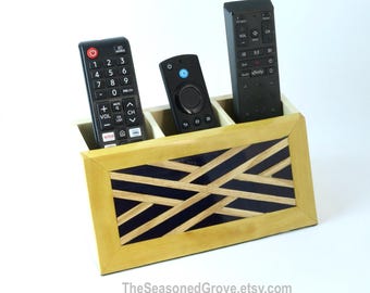 Wood TV Remote Control Holder Caddy for 3 Remotes, Game Controller Holder. Handmade. Dark Blue Chippendale Pattern Epoxy Inlay