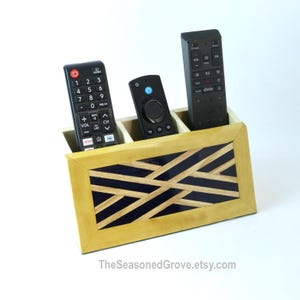 Wood TV Remote Control Holder Caddy for 3 Remotes. Chinese Chippendale Pattern w Dark Blue Acrylic Epoxy. Pens, Pencils, Craft Tool Holder.