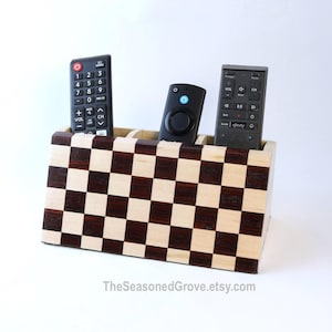 Wood TV Remote Control Holder Caddy for 3 Remotes. Checkerboard Pattern Handcrafted of Poplar, Maple, Bocote. Pen/Pencil, Craft Tool Holder.