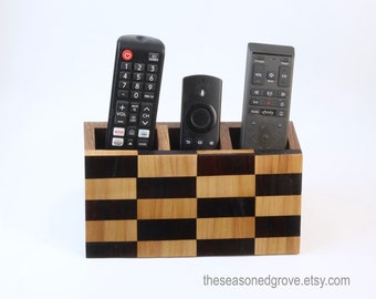 Wood TV Remote Control Holder for 3 Remotes. TV Remote Caddy, Handcrafted, Rectangle Checkerboard Pattern, Made of Assorted Hardwoods.