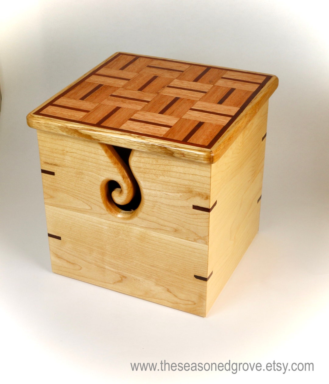 Wood Yarn Box With Top Lid. Large Size. Basketweave Pattern Wood