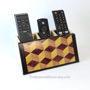 Wood TV Remote Control Holder Caddy for 3 Remotes. 3D Tumbling Block Pattern of Assorted Hardwoods. For Pens, Pencils, Craft Tool Holder too