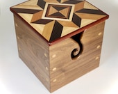 Wood Yarn Box with Top Lid. quot Doves at the Window quot Quilt Block Inspired Wood Marquetry Top. Handmade of Black Walnut, Maple, Cherry Padauk.